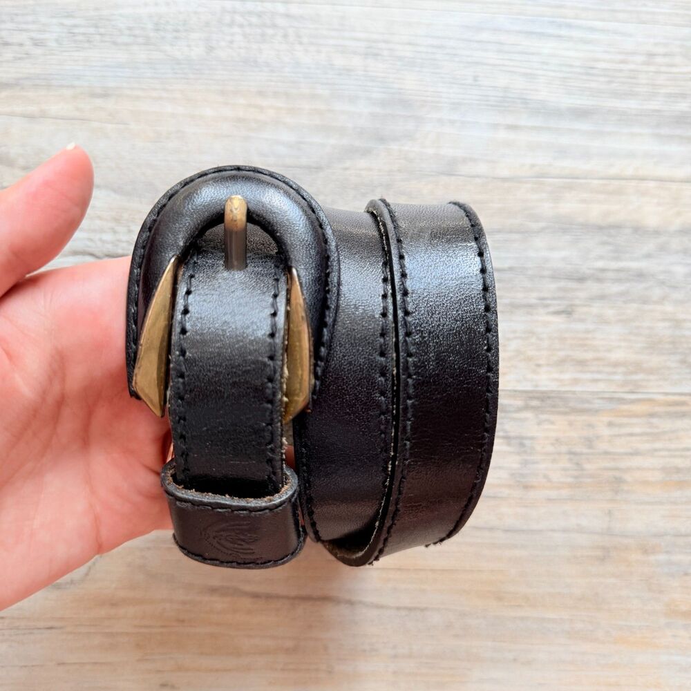 Y2K Black Genuine Leather Belt Size 29 Medium Chunky Brass Buckle 2000s